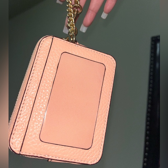 Coach Accessories Coach Zip Card Case With Chain Strap In Goldfaded Blush Pink Pebble